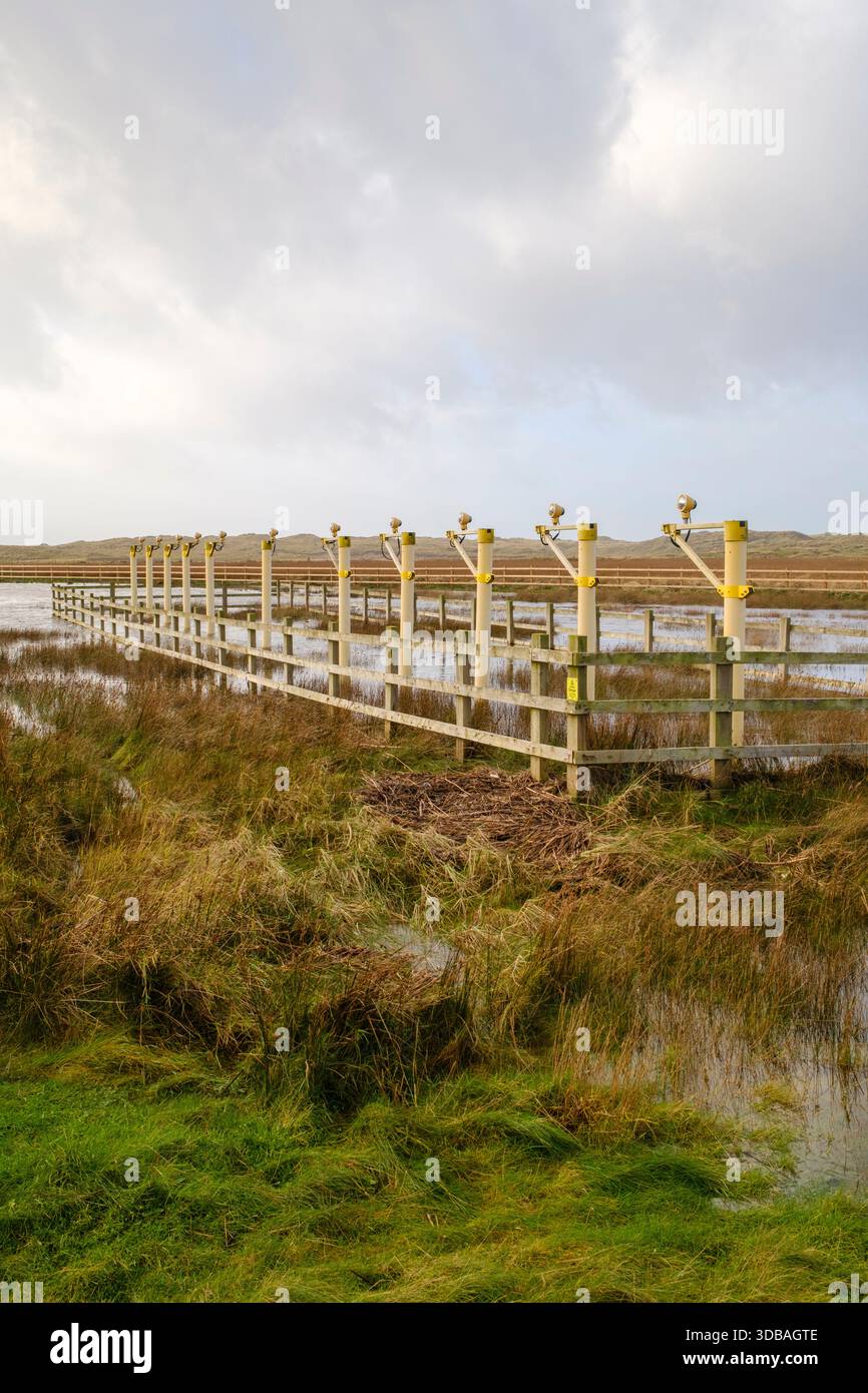 L'atterraggio della pista illumina l'avvicinamento all'aeroporto della RAF Valley, campo allagato Foto Stock
