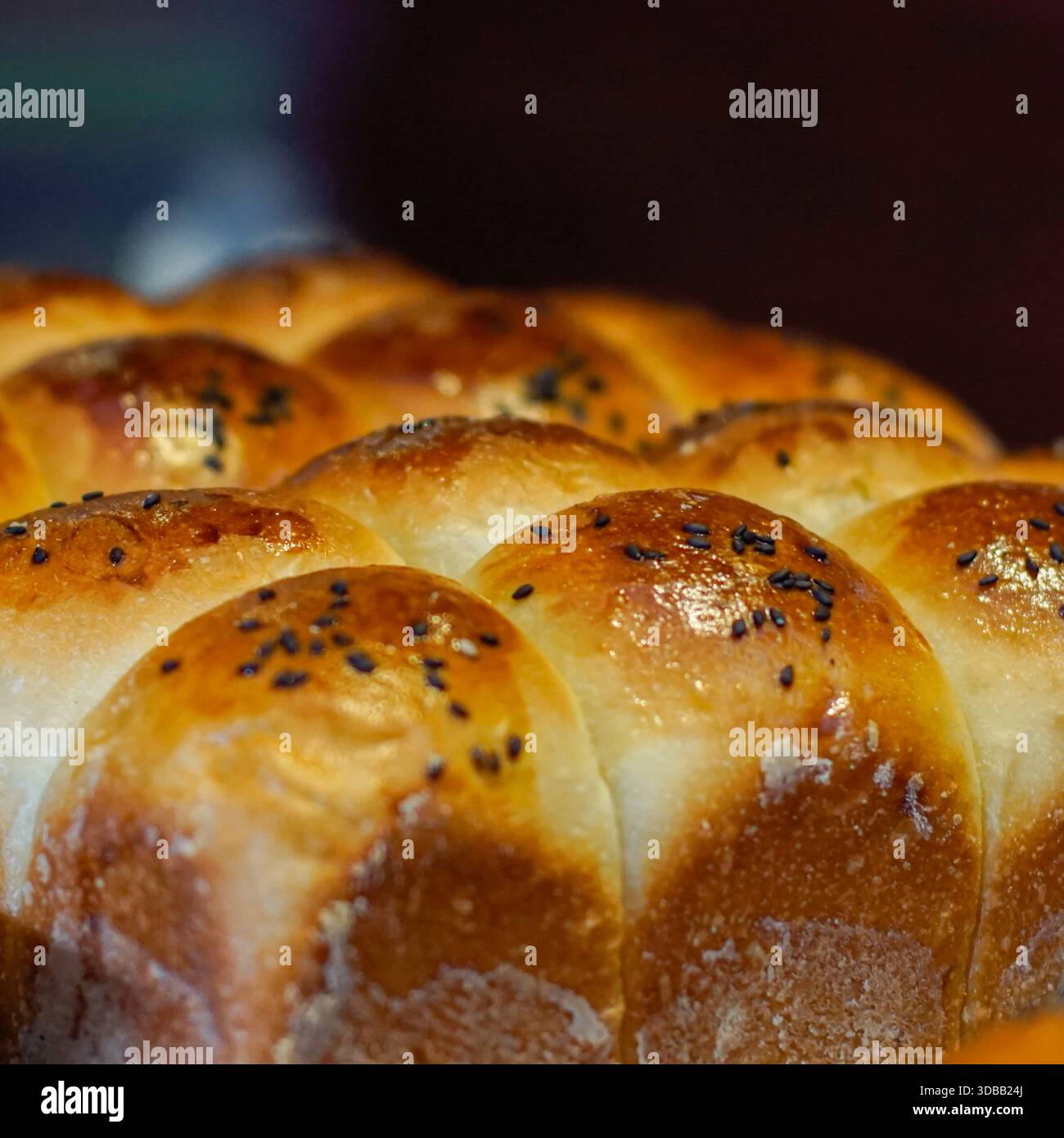 Panini estraibili appena sfornati con crosta marrone dorato e consistenza morbida Foto Stock