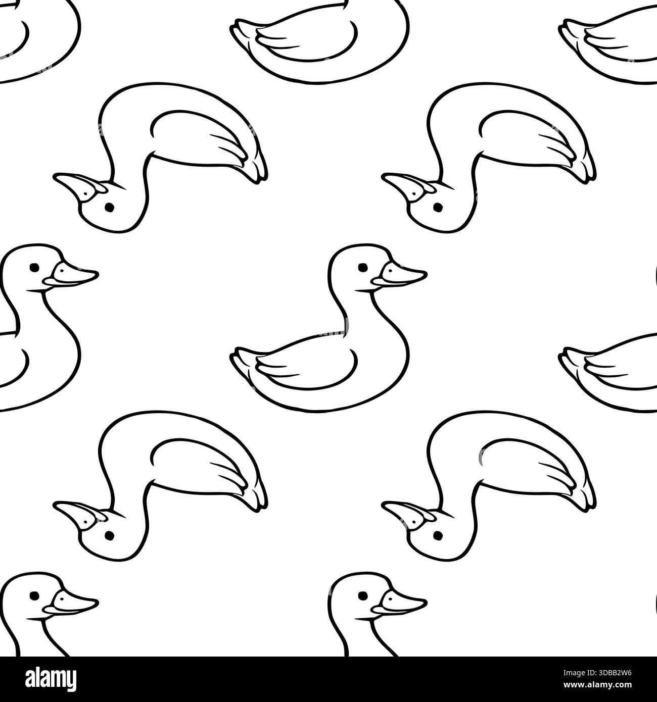 Motivo vettoriale senza cuciture di graziose anatre disegnate a mano con semplici contorni neri su sfondo bianco. Illustrazione Vettoriale