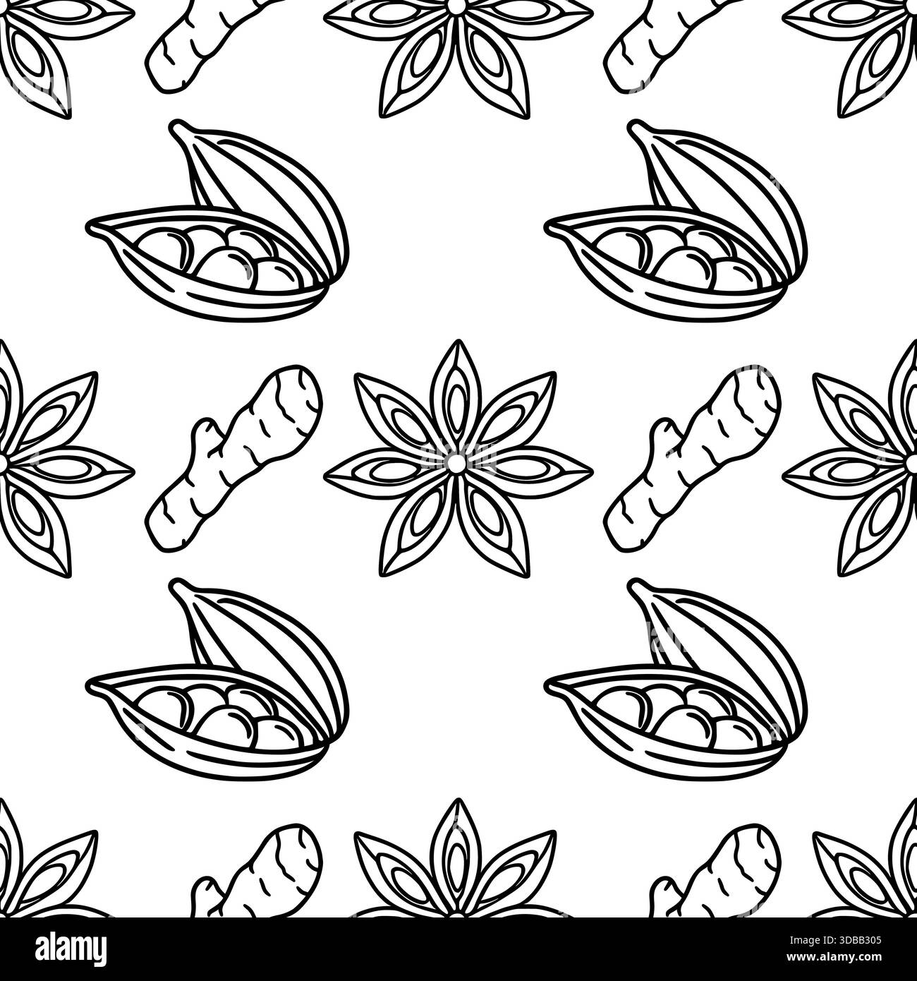 Motivo vettoriale senza cuciture di spezie culinarie stilizzate, con stelle di anice, cialde di cardamomo e radici di zenzero, presentate in un nero pulito e minimalista Illustrazione Vettoriale