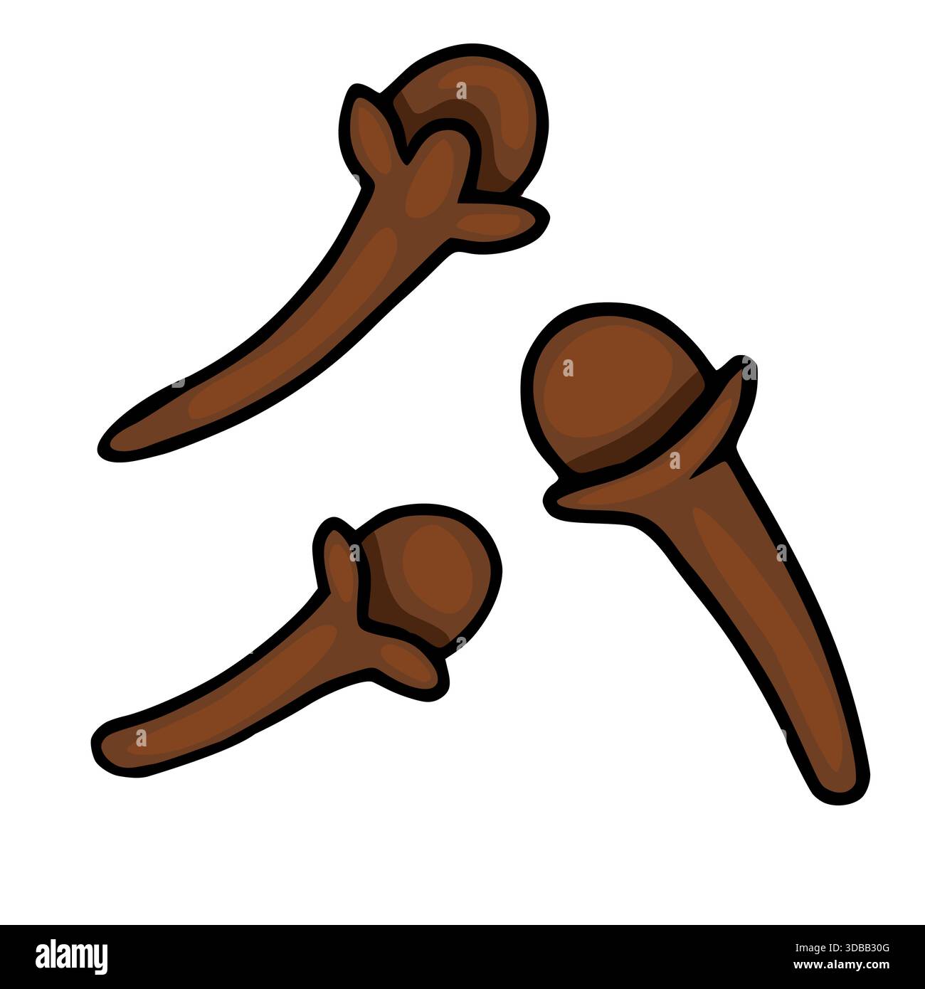 Illustrazione vettoriale stilizzata di tre chiodi di garofano marroni con audaci contorni neri, isolati su sfondo bianco, che rappresentano elementi di spezie culinarie. Illustrazione Vettoriale