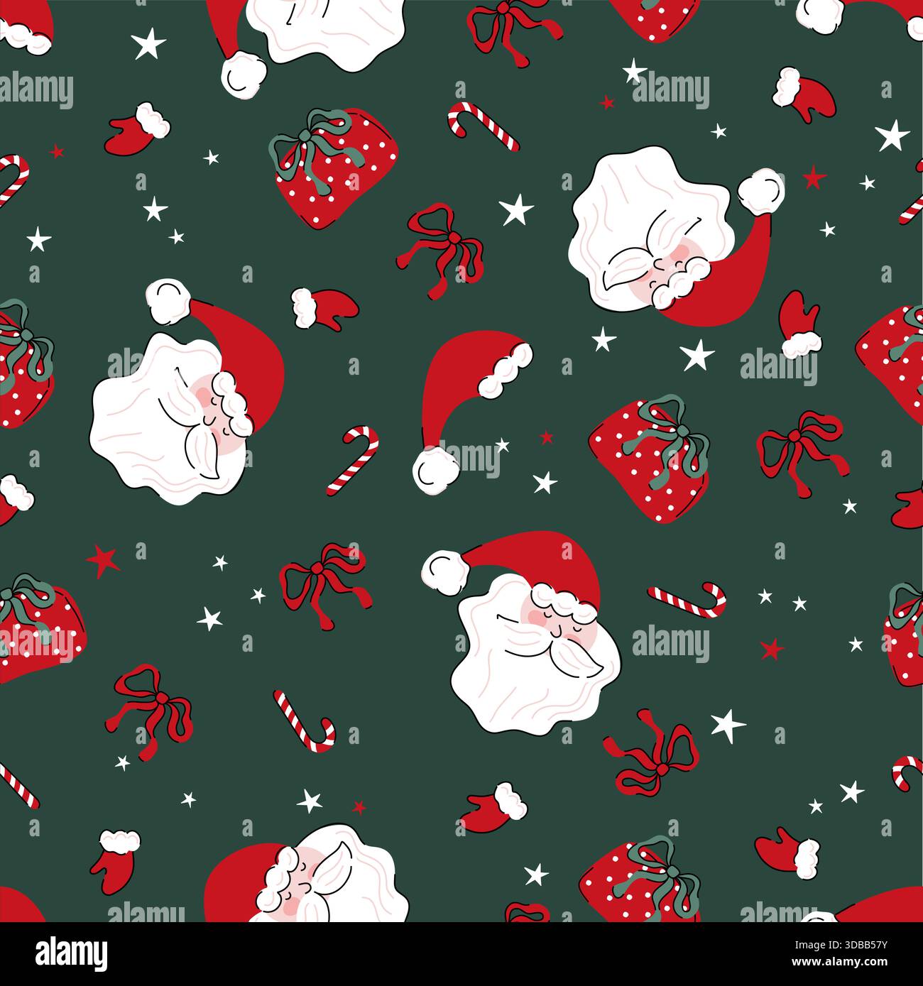 Motivo natalizio senza cuciture con graziosi volti di Babbo Natale, borse regalo, bastoncini di caramelle, fiocchi, stelle, ed elementi festivi in colori pastello tenui, perfetti. Illustrazione Vettoriale