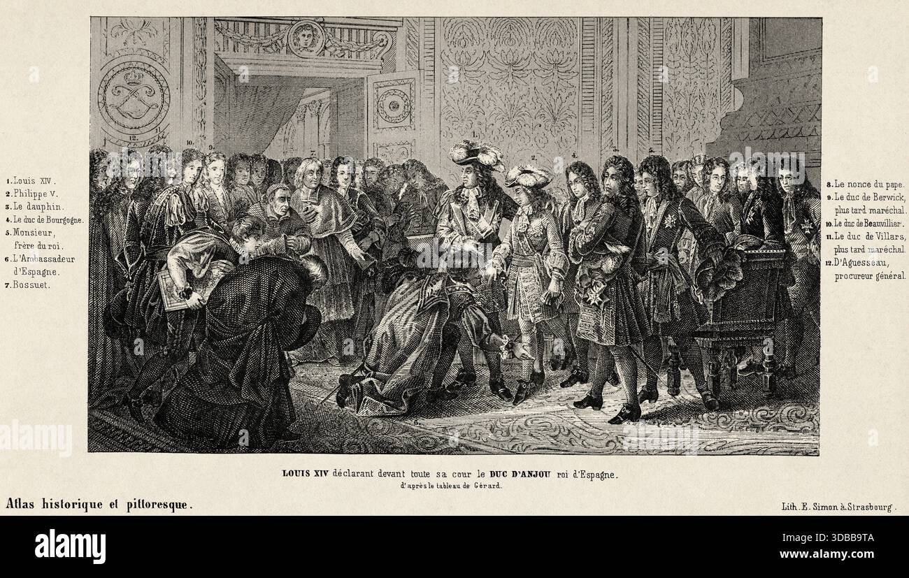 Luigi XIV dichiarò suo nipote, il duca d'Angiò, come Filippo V, re di Spagna nel 1701, in Francia. Antica illustrazione di Emile Simon (1805-1886) dall'Atlante storico e pittoresco, storia universale 1861 Foto Stock