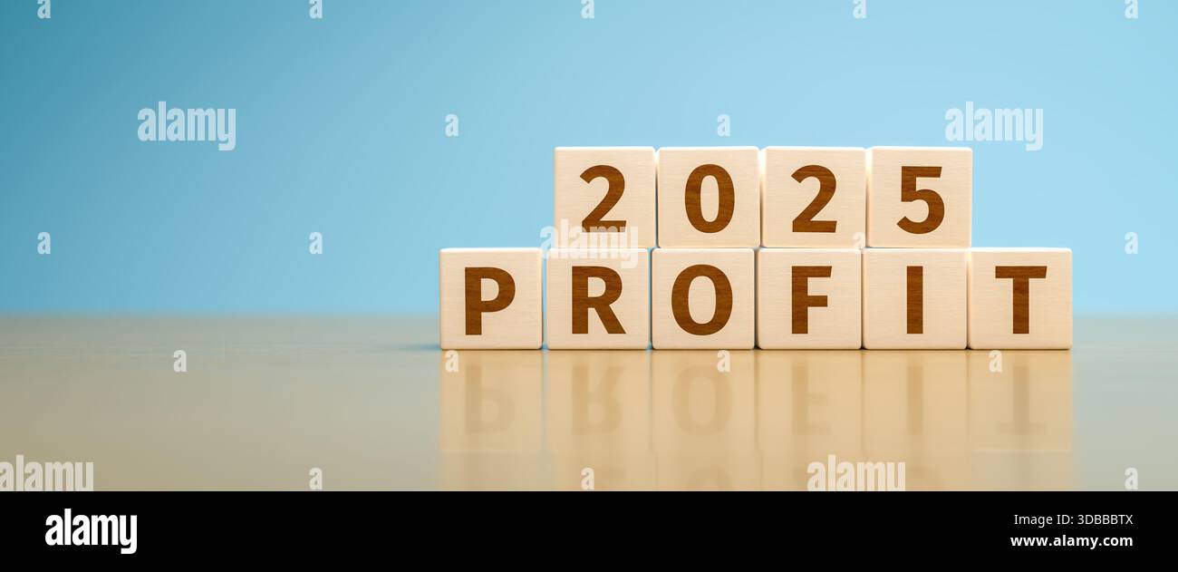 Cubi di legno che formano il testo "2025 PROFIT". Concetto di reddito, reddito, utile raggiunto o previsto per l'anno 2025 di un'organizzazione o di una società Foto Stock
