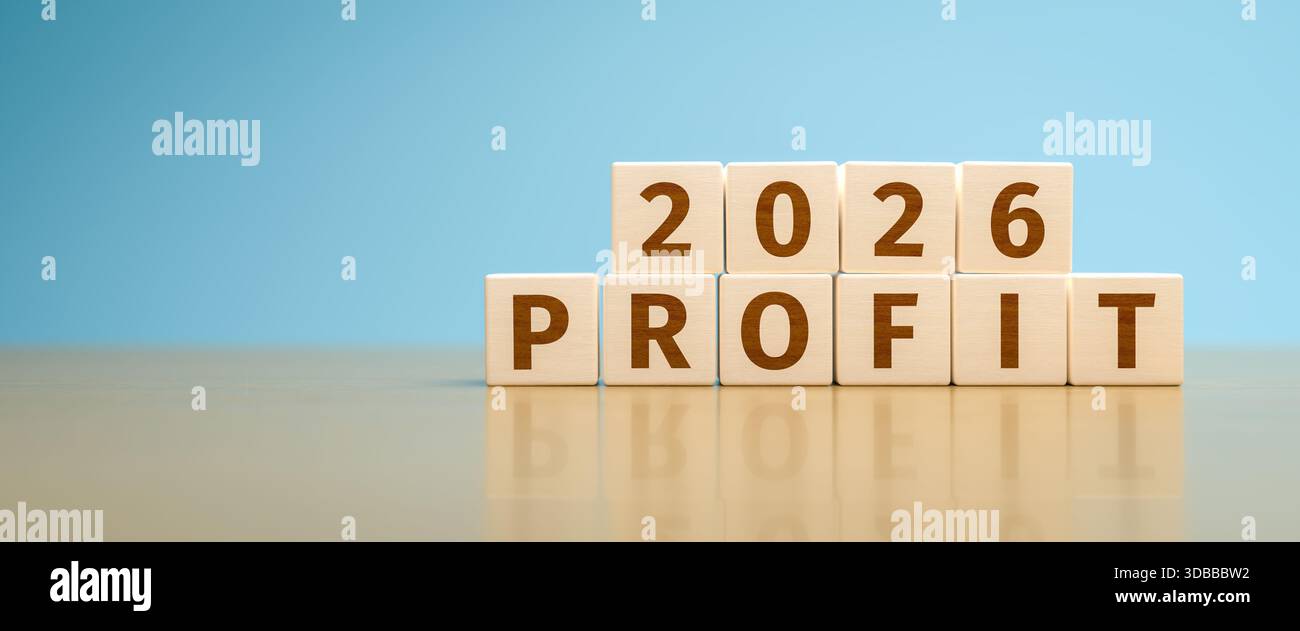 Cubi di legno che formano il testo "2026 PROFIT". Concetto di reddito, reddito, utile raggiunto o previsto per l'anno 2026 di un'organizzazione o di una società Foto Stock