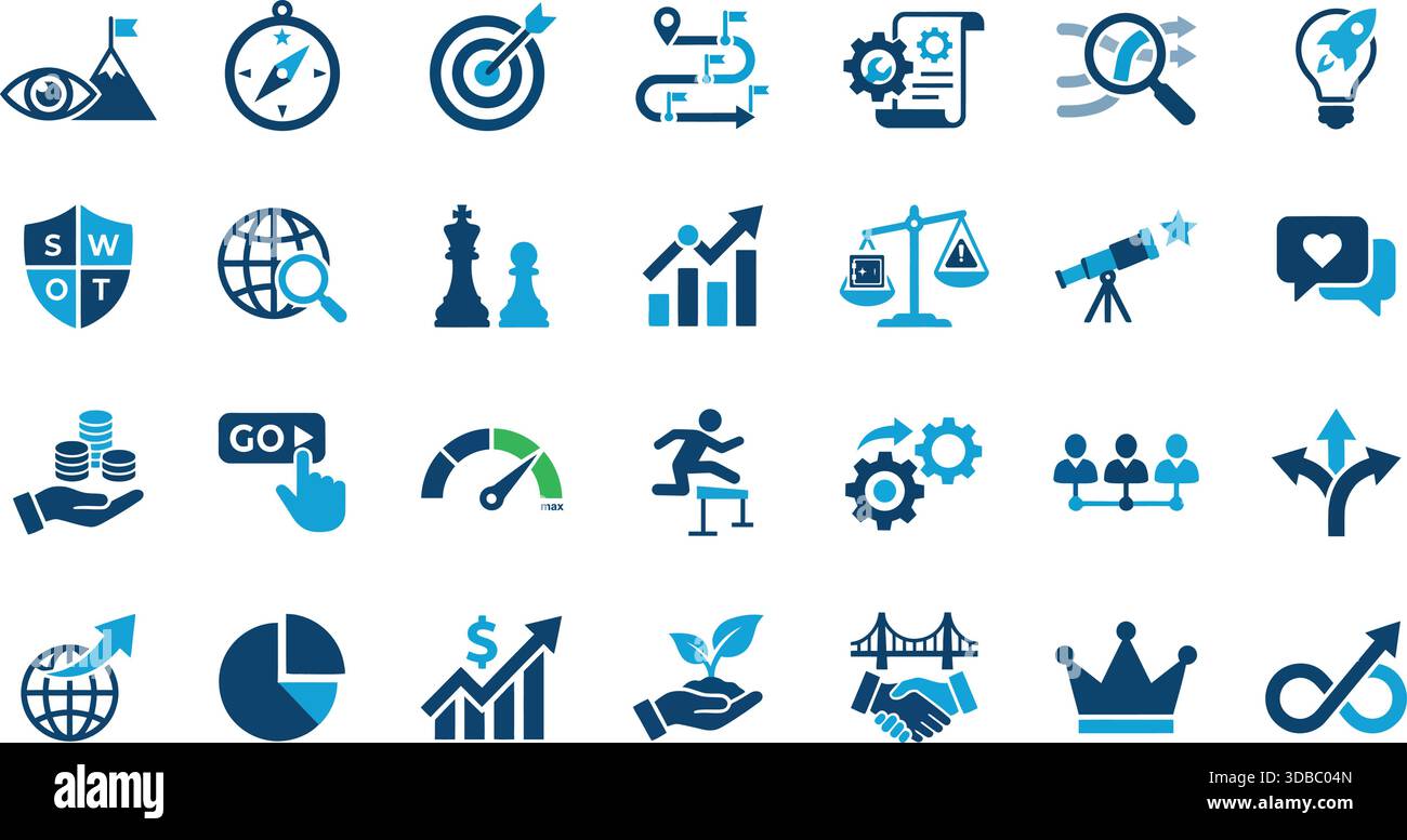 Un'ampia raccolta di icone vettoriali che rappresentano la strategia aziendale, la pianificazione, la finanza, la crescita e l'analisi. Perfetto per presentazioni aziendali o UI Illustrazione Vettoriale