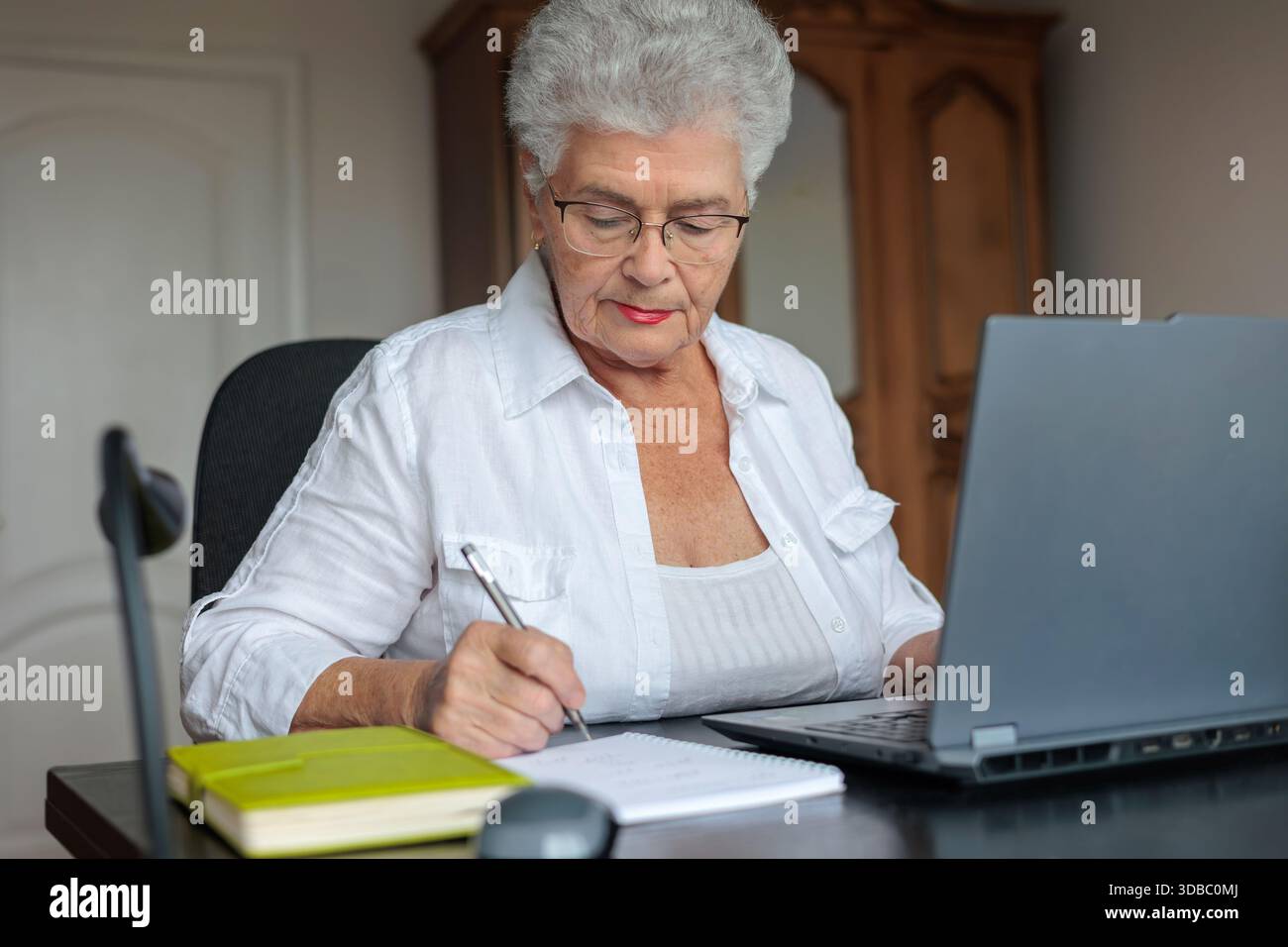 Donna anziana che utilizza un notebook a casa, paga bollette e gestisce le finanze online. Persone anziane che imparano le competenze digitali, fanno viaggi di pianificazione bancaria, Foto Stock