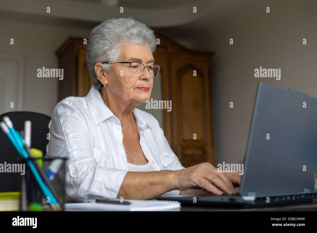 Donna anziana che utilizza un notebook a casa, paga bollette e gestisce le finanze online. Persone anziane che imparano le competenze digitali, fanno viaggi di pianificazione bancaria, Foto Stock