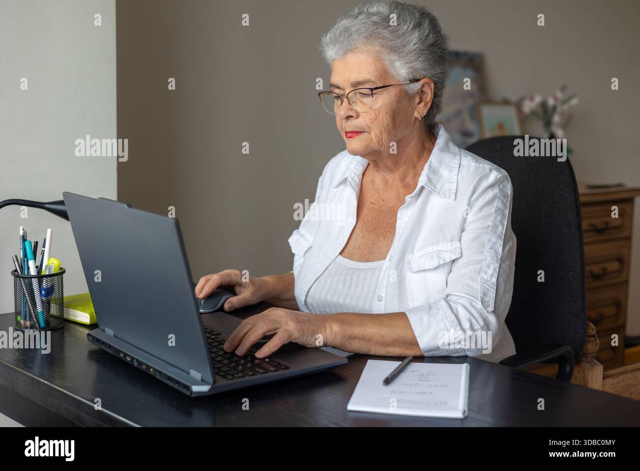 Donna anziana che utilizza un notebook a casa, paga bollette e gestisce le finanze online. Persone anziane che imparano le competenze digitali, fanno viaggi di pianificazione bancaria, Foto Stock