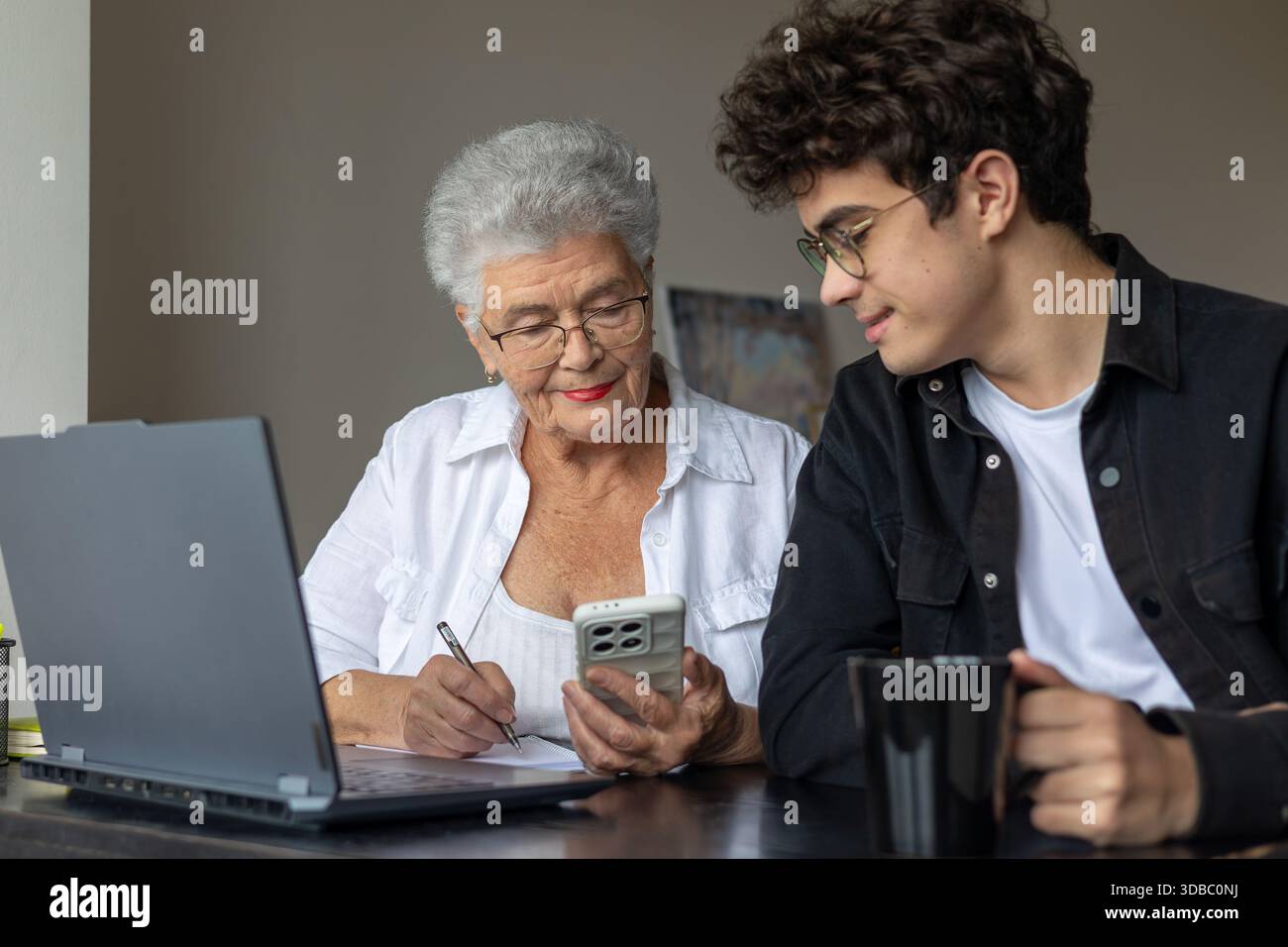 Nonna e nipote che utilizzano il laptop a casa per l'online banking, il pagamento delle fatture, la prenotazione di viaggi e l'apprendimento delle competenze digitali. Sostegno familiare, Foto Stock