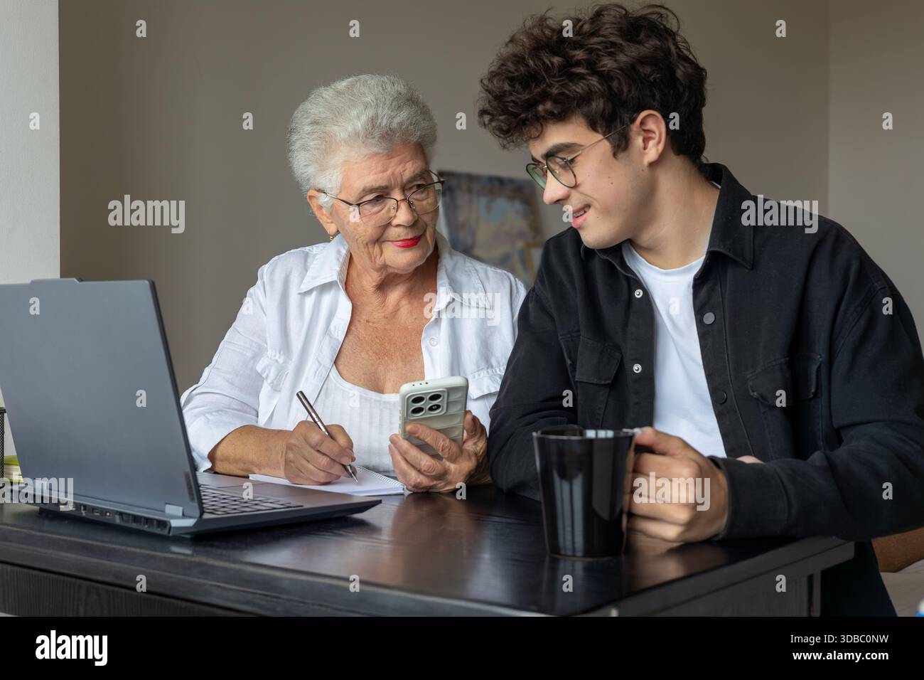 Nonna e nipote che utilizzano il laptop a casa per l'online banking, il pagamento delle fatture, la prenotazione di viaggi e l'apprendimento delle competenze digitali. Sostegno familiare, Foto Stock