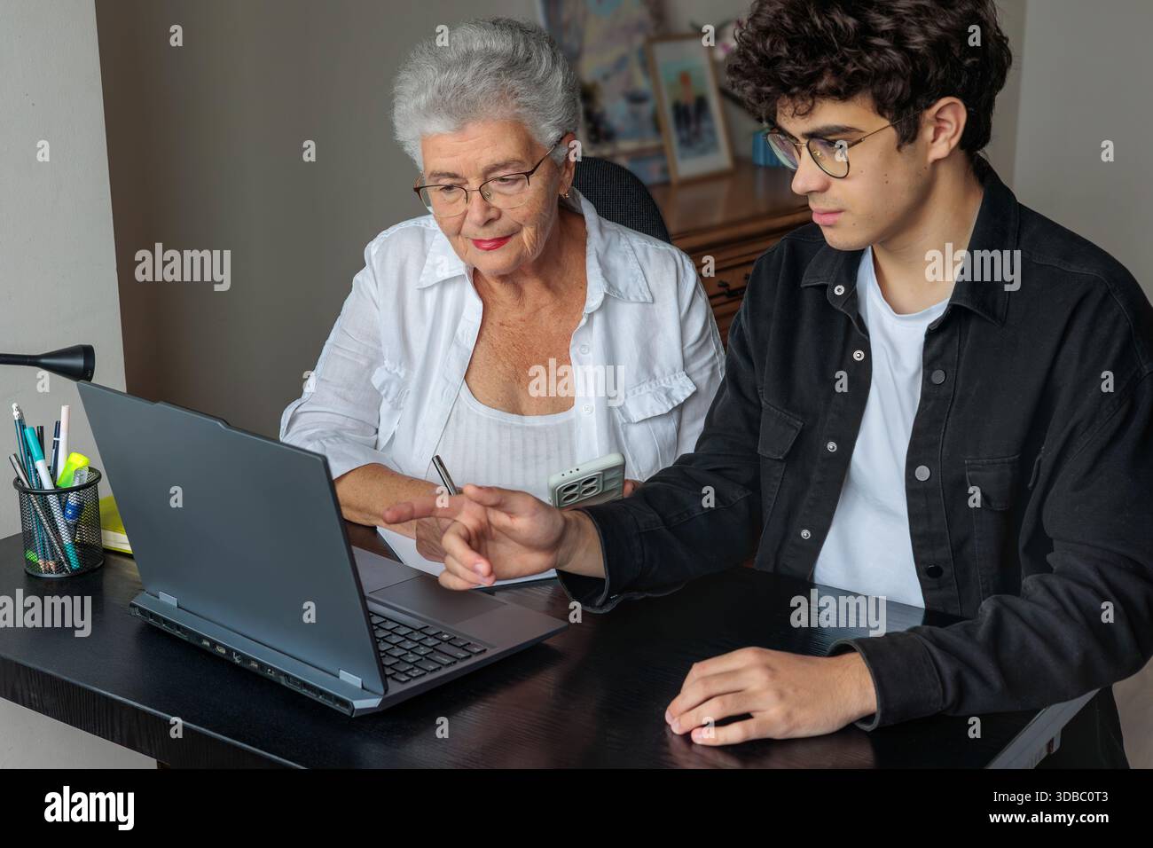 Nonna e nipote che utilizzano il laptop a casa per l'online banking, il pagamento delle fatture, la prenotazione di viaggi e l'apprendimento delle competenze digitali. Sostegno familiare, Foto Stock