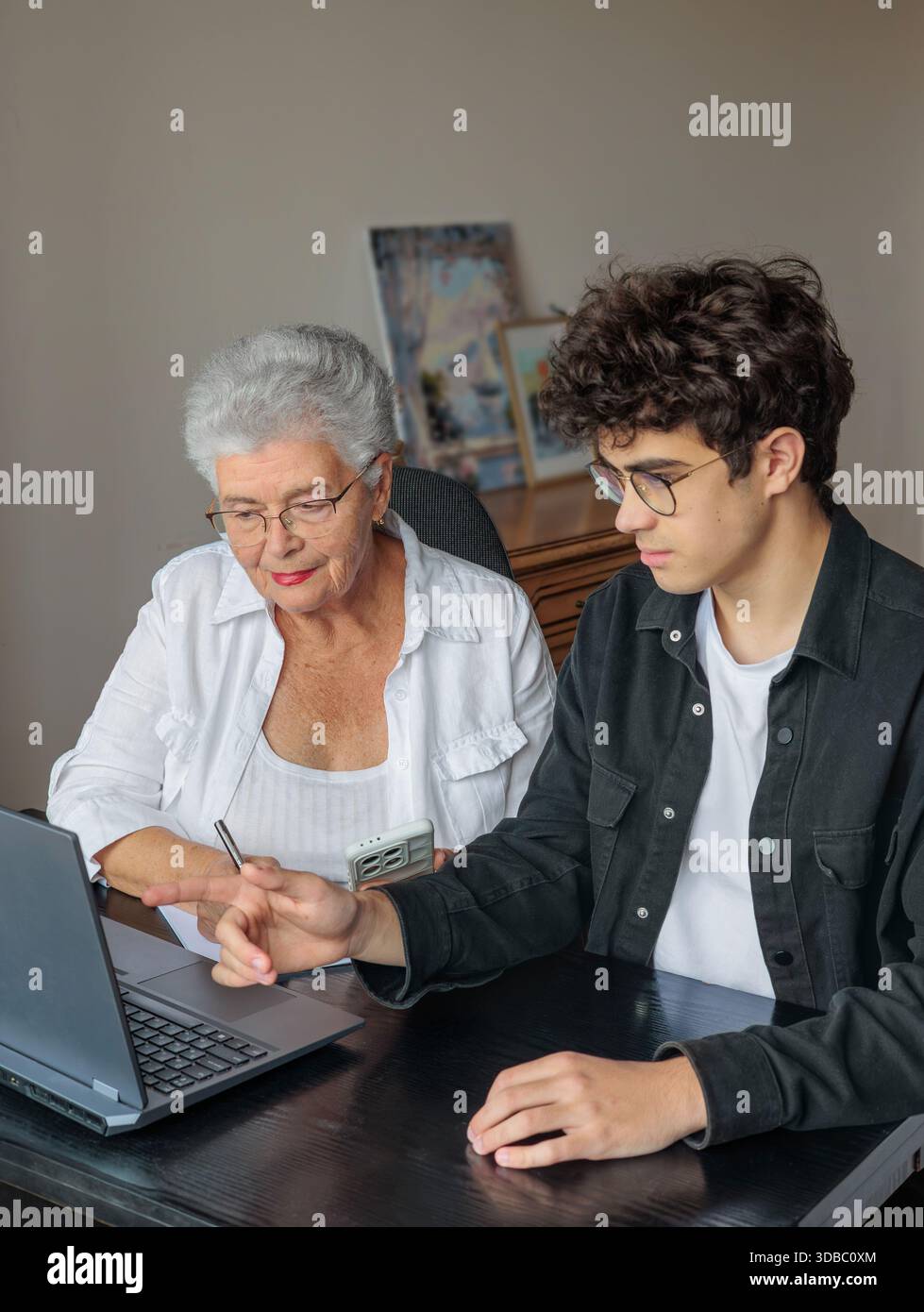 Nonna e nipote che utilizzano il laptop a casa per l'online banking, il pagamento delle fatture, la prenotazione di viaggi e l'apprendimento delle competenze digitali. Sostegno familiare, Foto Stock