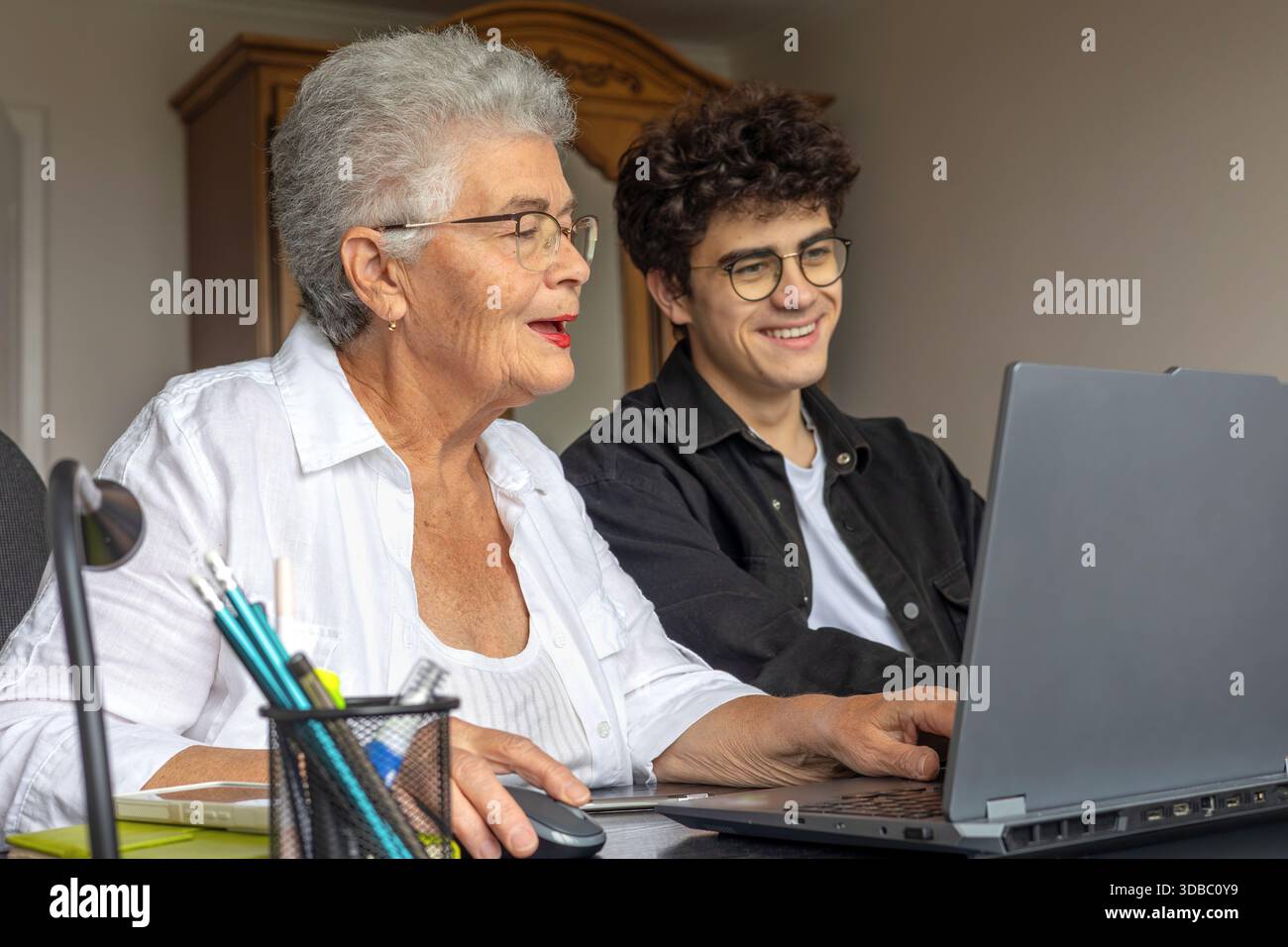 Nonna e nipote che utilizzano il laptop a casa per l'online banking, il pagamento delle fatture, la prenotazione di viaggi e l'apprendimento delle competenze digitali. Sostegno familiare, Foto Stock
