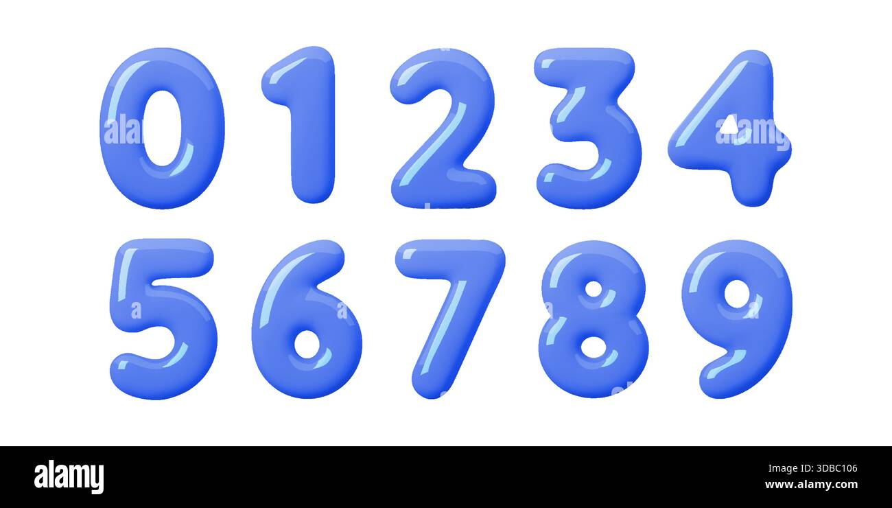 Palloncini numerici lucidi in toni blu tenui con volume 3D uniforme. Questo grazioso set di numeri 3D presenta forme a bolle blu brillanti, perfette per i temi dei bambini Illustrazione Vettoriale