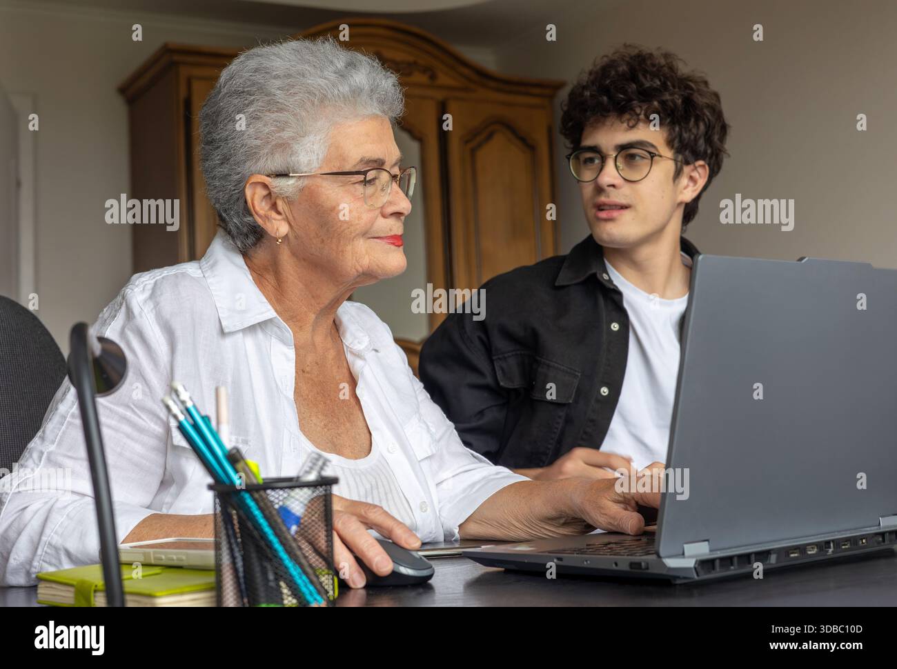 Nonna e nipote che utilizzano il laptop a casa per l'online banking, il pagamento delle fatture, la prenotazione di viaggi e l'apprendimento delle competenze digitali. Sostegno familiare, Foto Stock