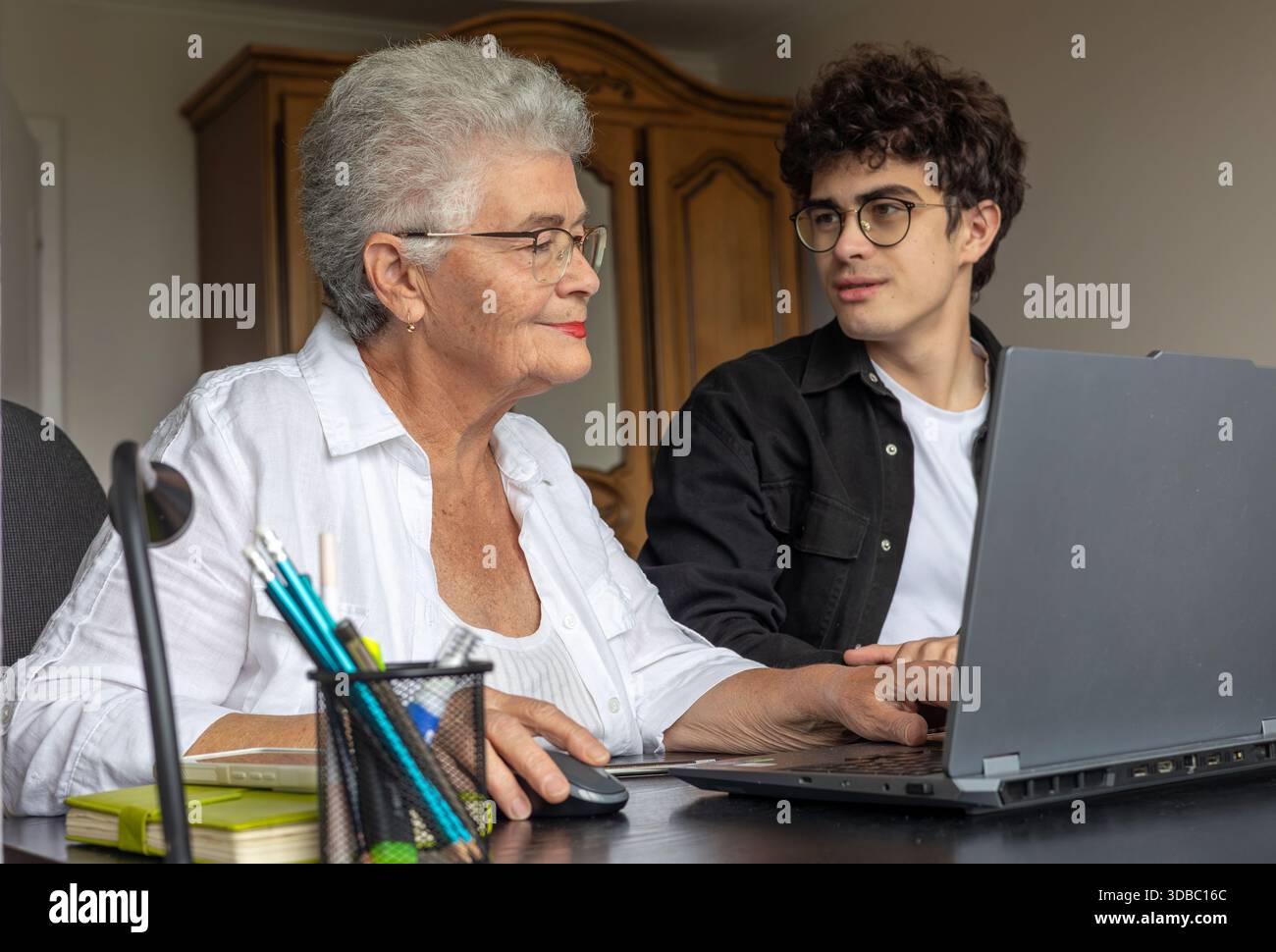 Nonna e nipote che utilizzano il laptop a casa per l'online banking, il pagamento delle fatture, la prenotazione di viaggi e l'apprendimento delle competenze digitali. Sostegno familiare, Foto Stock