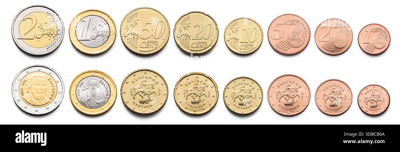 Raccolta di monete in euro e da centesimi isolata su sfondo bianco unione europea lev bulgara e stotinki Bulgaria 2026 Foto Stock