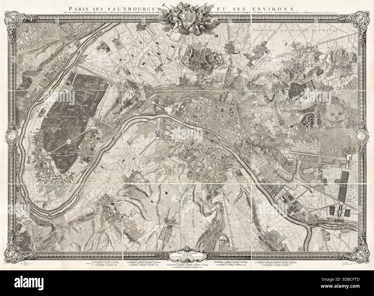 Opere d'arte della mappa storica di Parigi e dei suoi borghi circostanti, che mostrano villaggi, strade, fiumi, giardini, e campagna in forma dettagliata incisa, intitolata Paris, ses fauxbourgs et ses environs. Francia. 1731 Foto Stock