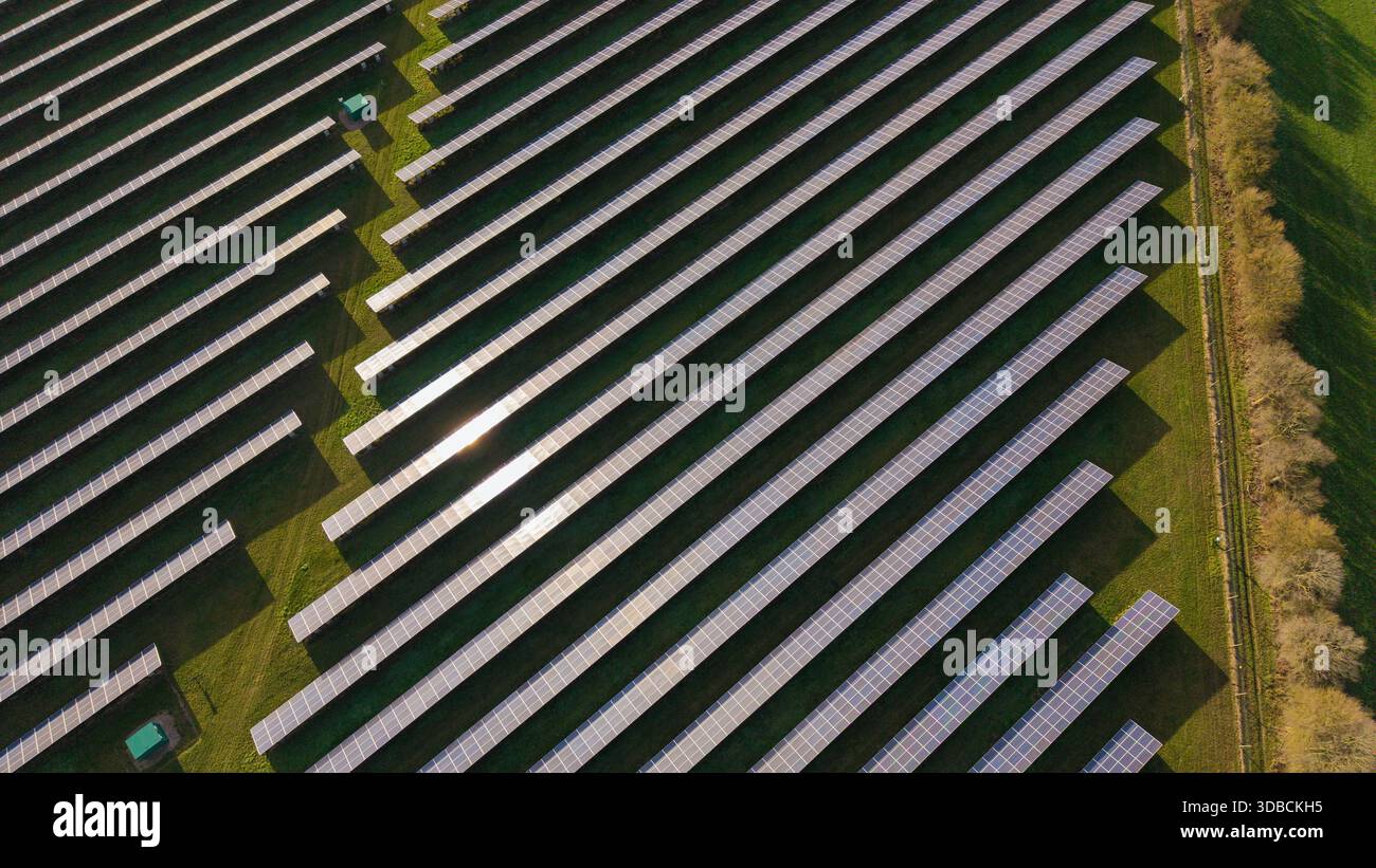 Fotografia aerea di un grande impianto solare a Cressing, Essex, Regno Unito, in una giornata di sole, che mostra pannelli fotovoltaici e produzione di energia rinnovabile. Foto Stock