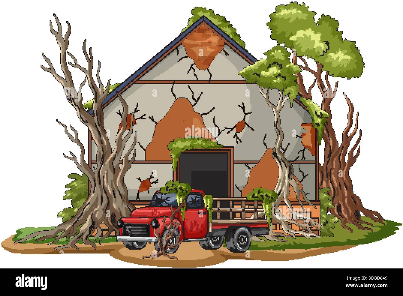 Vettore cartoni animati di cascina abbandonata incrinata e pick-up rosso arrugginito invaso da alberi Illustrazione Vettoriale