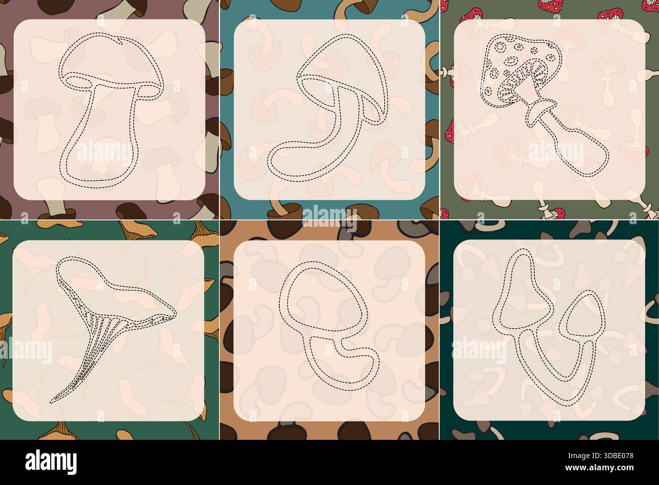 Illustrazione vettoriale isolata di un esercizio per lo sviluppo delle capacità di scrittura. Attività per i bambini in età prescolare per tracciare i funghi. Illustrazione Vettoriale