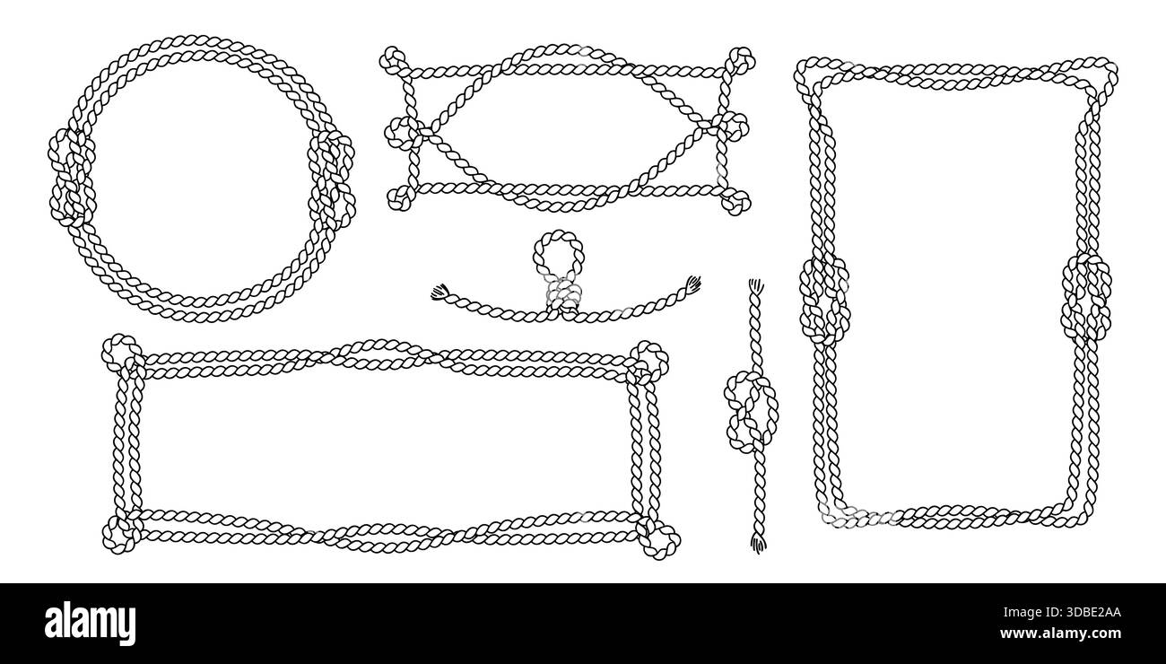 Telai in corda nautica e collezione vintage di nodi di marinaio. Bordi marittimi vettoriali con motivi intrecciati ed elementi decorativi marittimi. Classico design navale con forme rotonde, rombo e rettangolari. Illustrazione Vettoriale