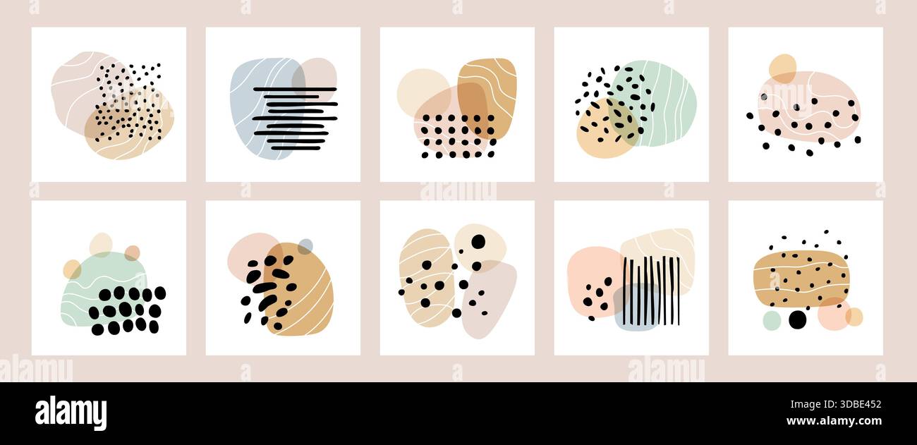 Forme astratte contemporanee. Collage creativi disegnati a mano, forme organiche lisce irregolari, gocce, curve e macchie composizioni minime, decorazioni Illustrazione Vettoriale