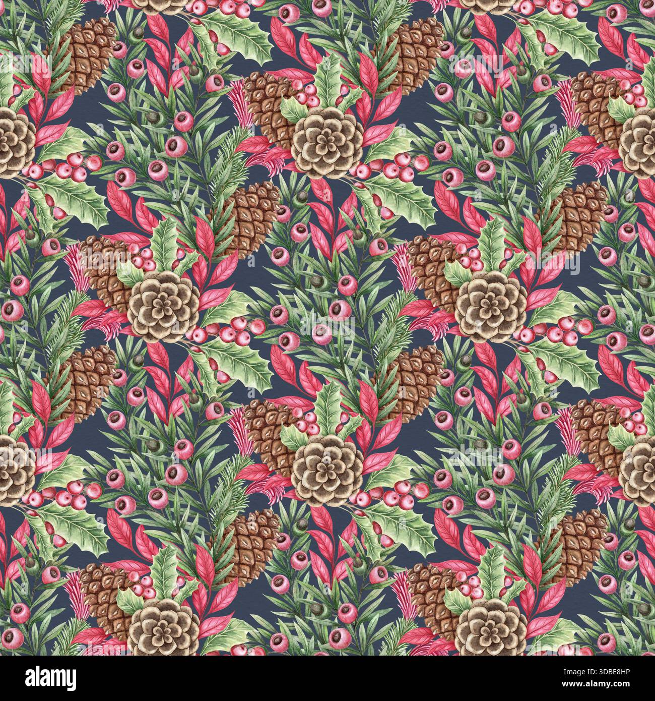 Pinecone con motivo natalizio senza cuciture. Bouquet di acquerelli disegnati a mano su sfondo blu navy. Un'atmosfera invernale floreale per un design tradizionale in tessuto e carta avvolgente. Perfetto per la carta da parati delle vacanze. Foto Stock