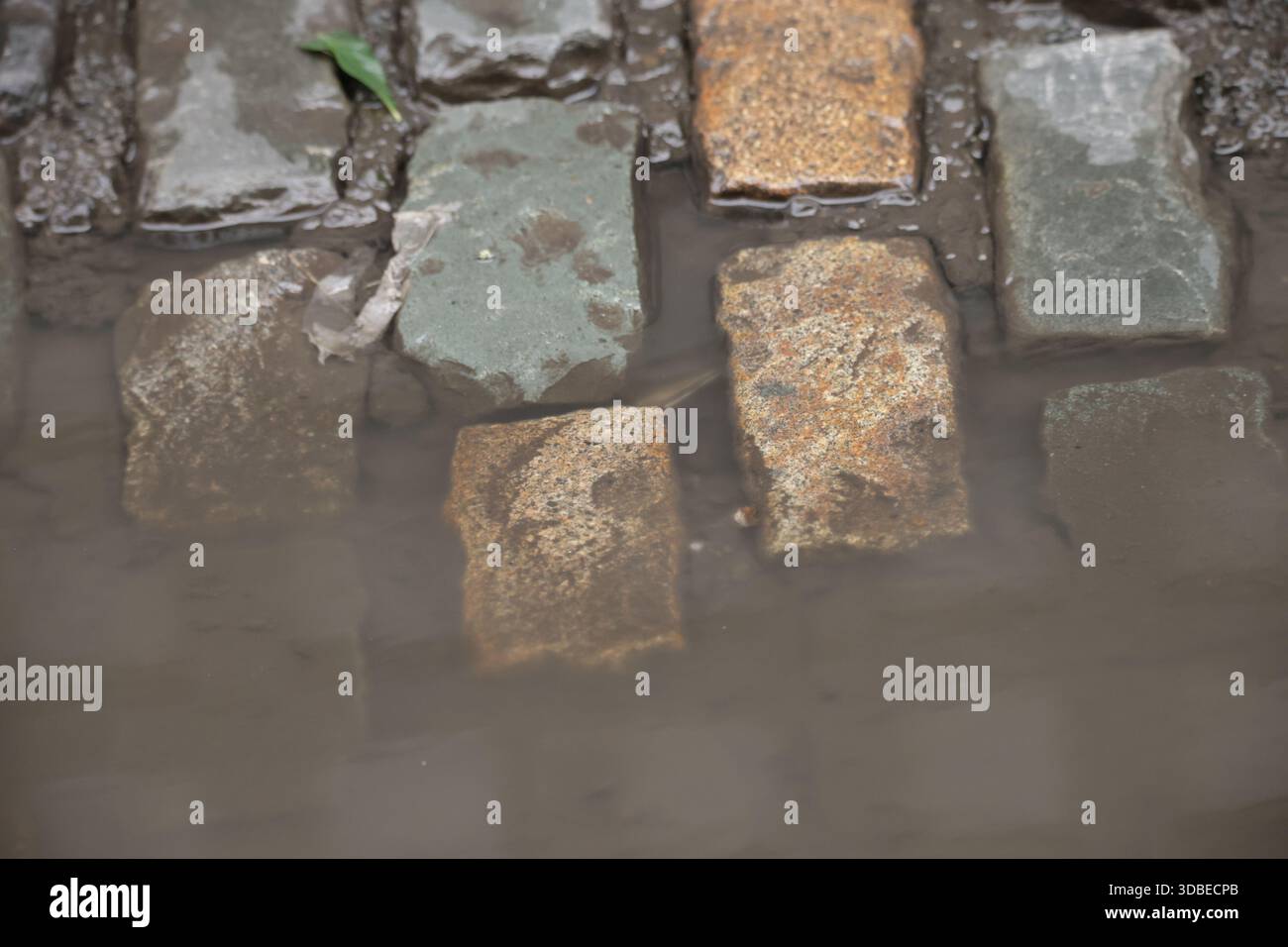 Dublino, Irlanda - 10 dicembre 2025 - acqua torbida su vari acciottolati colorati in una strada della città di Dublino che raffigura scene di strada nella capitale irlandese Foto Stock