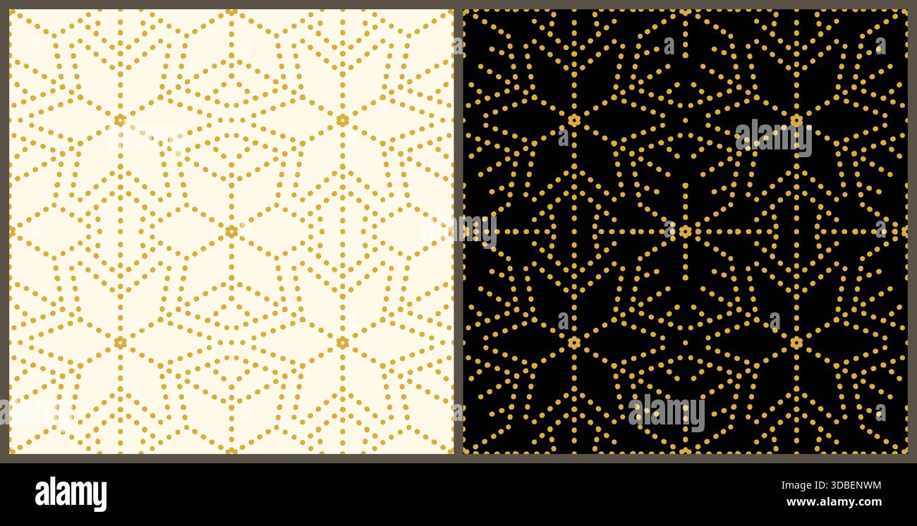 Elegante design geometrico con fiocchi di neve dorati su sfondo chiaro e scuro, motivo vettoriale invernale senza cuciture per l'imballaggio di carta, striscioni e imballaggi Illustrazione Vettoriale