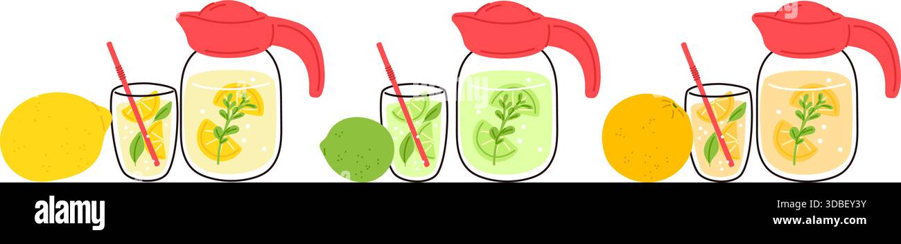 Brocca di limonata. Bevanda al lime e arancia. Caraffa di bevanda vitaminica naturale. Cocktail acido rinfrescante. Bicchiere da mojito con cannuccia. Succo di frutta estiva. Freddo Illustrazione Vettoriale