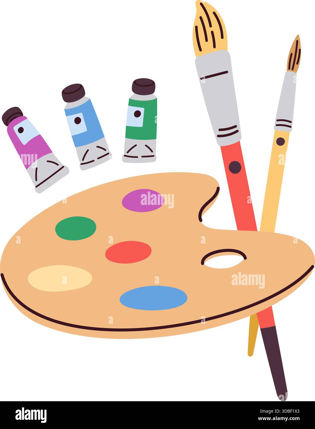 Paletta con colori. Strumenti artistici. Pennelli e tavola di legno. Vernice a olio o acrilica in tubetti. Cancelleria per pittore. Disegno con pennelli. Creativo Illustrazione Vettoriale