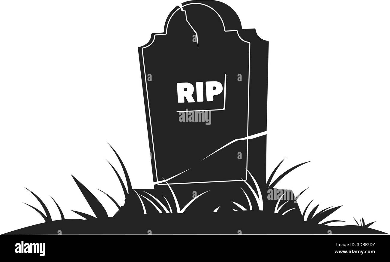 Antica tomba in pietra. Silhouette nera di lapide ricoperta di erba. Decorazioni per il cimitero di Halloween. Obelisco lapideo con fessure. Sepoltura Illustrazione Vettoriale