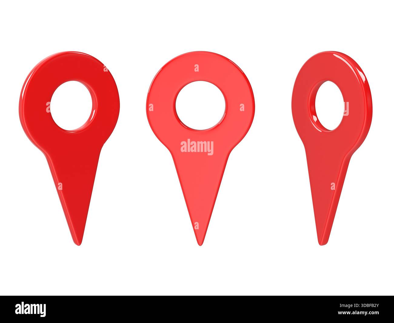 Tre icone rosse della posizione della mappa 3D. Foto Stock