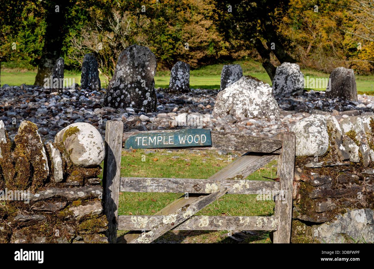 Un cancello in legno rustico si trova davanti ad un muro di pietra mossy, contrassegnato da un cartello che legge il legno del Tempio. La scena cattura i toni autunnali, la campagna calma e il co Foto Stock