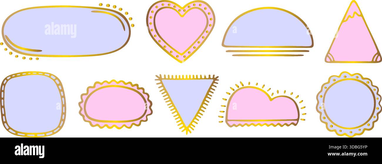 Cornici blu e rosa con contorno oro, set di scarabocchi vettoriali disegnati a mano. Forme vuote, segnaposto, casella di testo, modulo di vendita. Triangolo, sole, cuore, ovale, cir Illustrazione Vettoriale