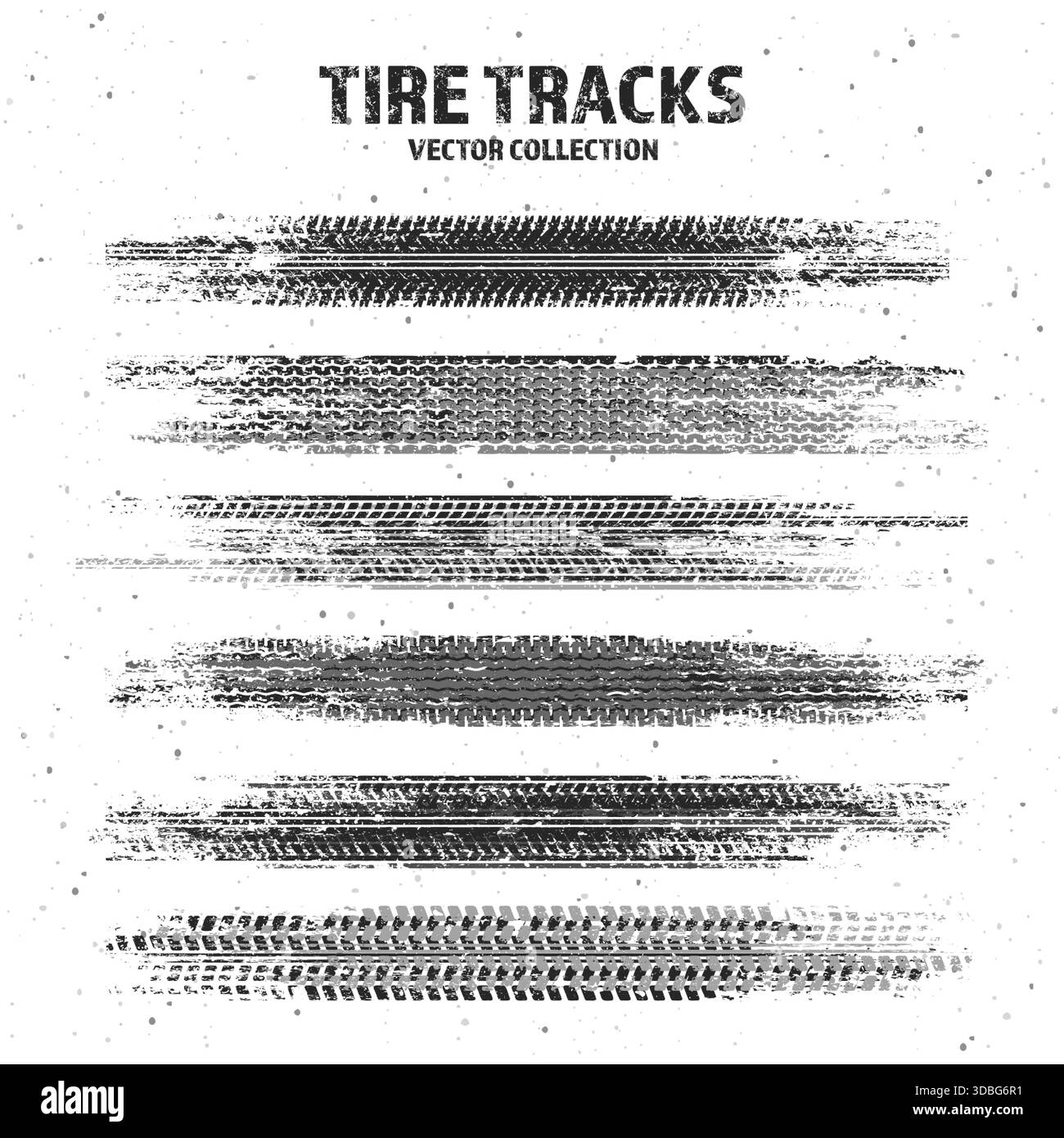 Sgrossare le tracce degli pneumatici con schizzi di fango, segni di frenata delle ruote sporche. Silhouette con battistrada per camion, auto o motociclette. Perfetto per fuoristrada Illustrazione Vettoriale