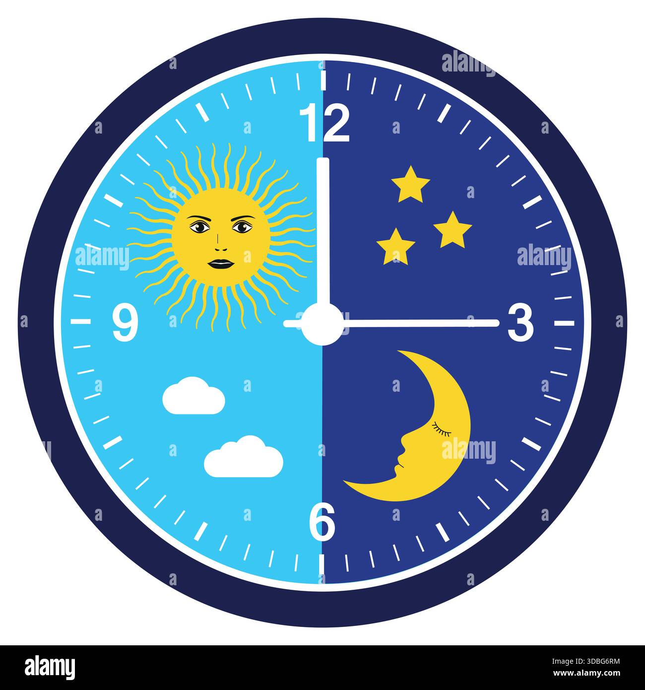 Immagine di un orologio con quadrante giorno e notte. Luna e sole con nuvole e stelle su sfondo bianco. Illustrazione Vettoriale