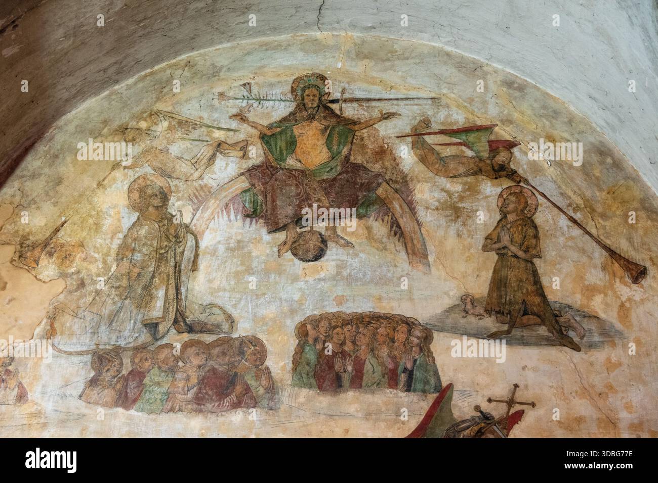 Affresco del Giudizio Universale. Chiesa romana Saint-Austremoine d'Issoire, Issoire, Auvergne Francia, Europa Foto Stock