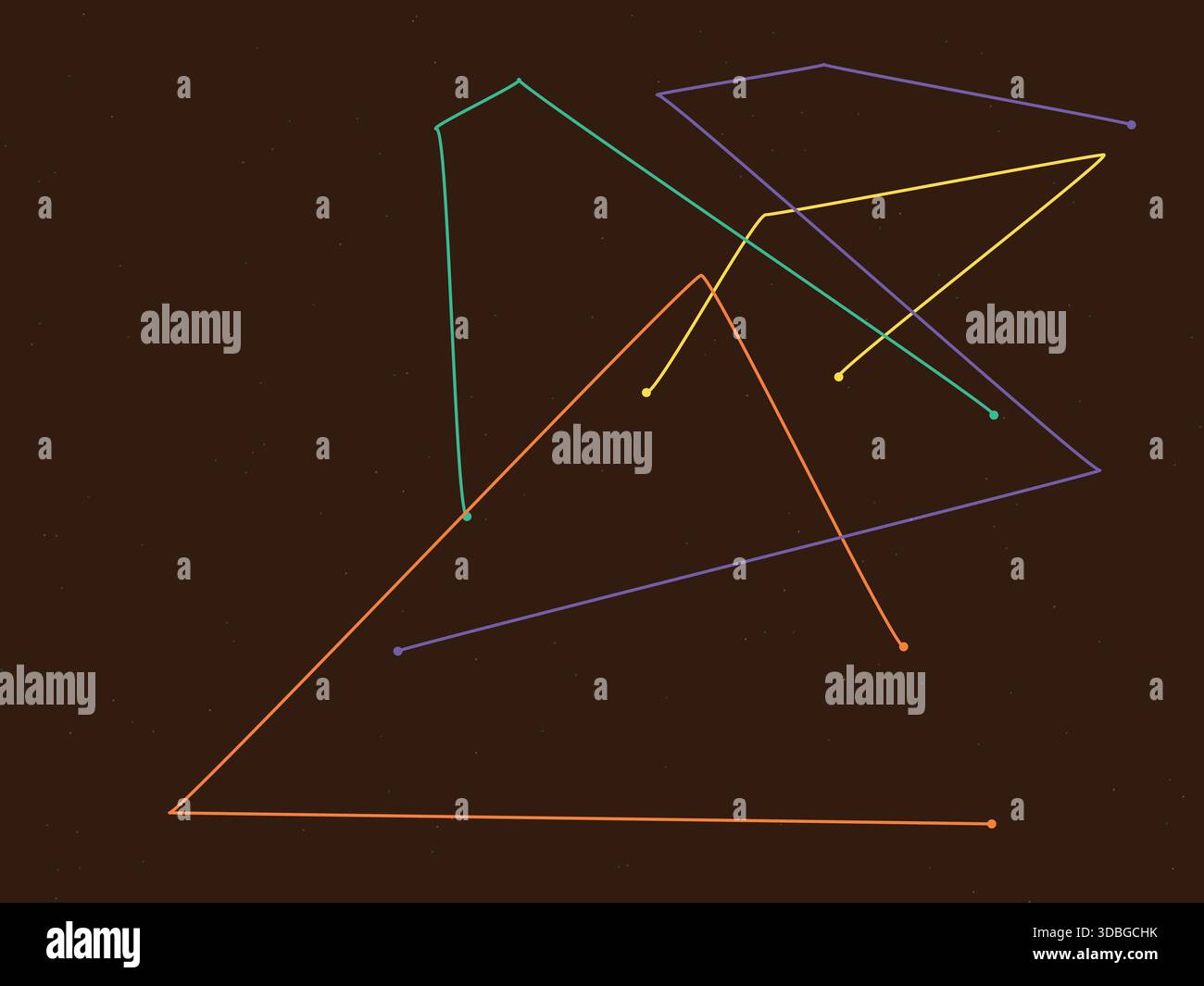 Composizione astratta di linee e punti intersecanti in arancione, giallo, viola e verde. Illustrazione Vettoriale
