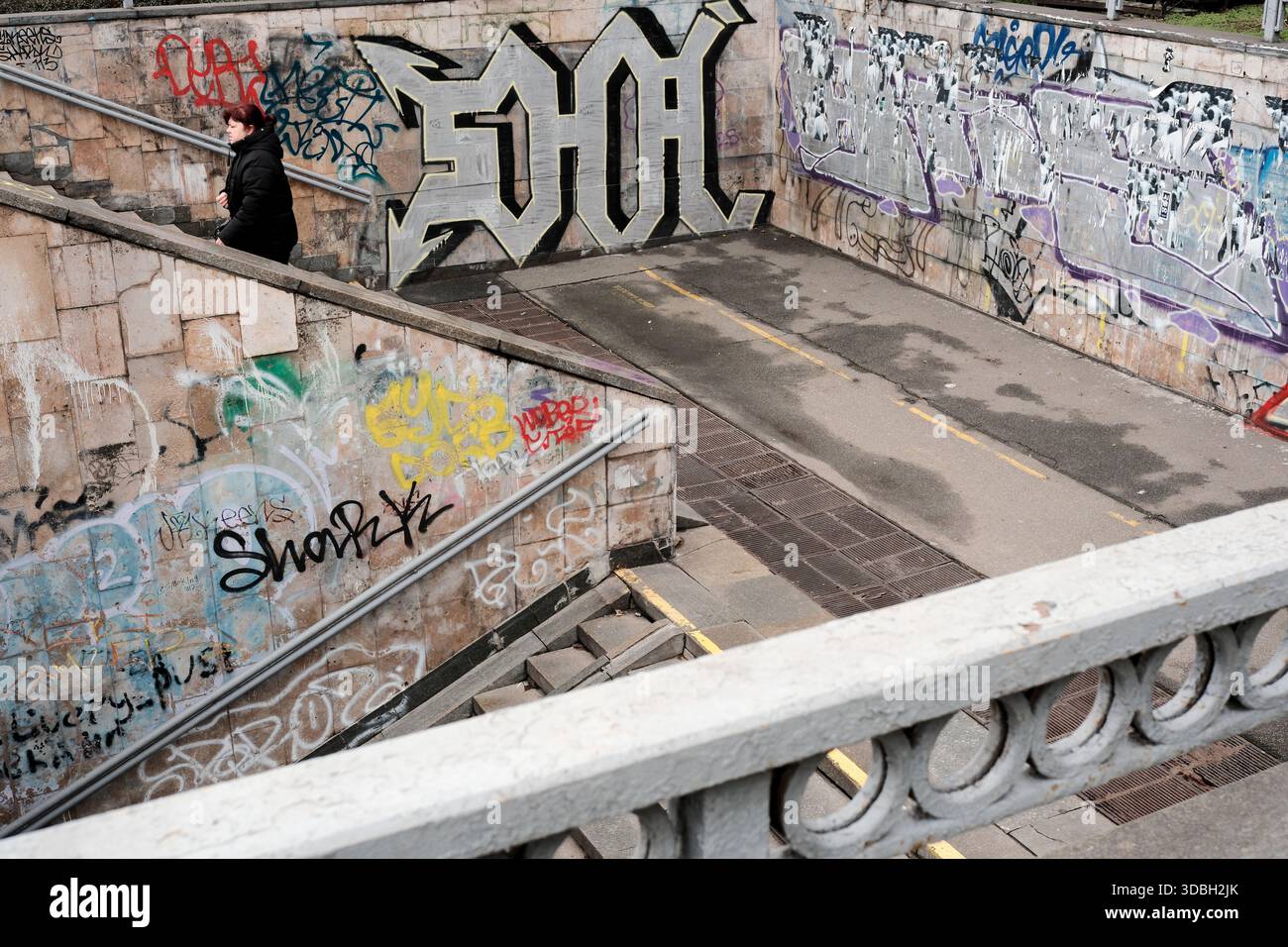 Una persona cammina attraverso un vivace vicolo adornato da colorate opere d'arte di graffiti. Shevchenko Boulevard. Kiev, Ucraina. 16 dicembre 2025. Foto Stock