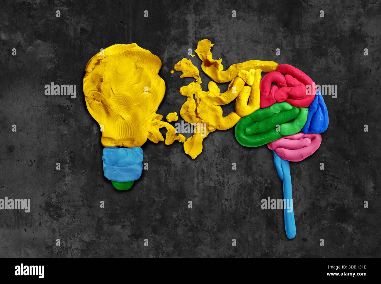 Simbolo del cervello creativo e idea di formazione sulla neuroplasticità come simbolo di nuove idee e creatività attraverso arti e artigianato o icona di ispirazione come modeli Foto Stock