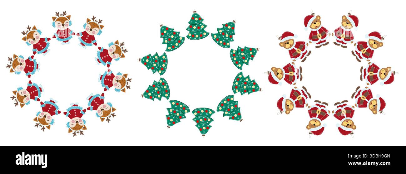 Decorazioni per alberi di Natale, ornamenti natalizi. Set di telai rotondi realizzati con illustrazioni piatte. Modello Illustrazione Vettoriale