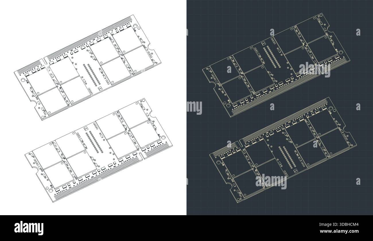 Illustrazione vettoriale stilizzata di disegni isometrici del modulo RAM del laptop Illustrazione Vettoriale