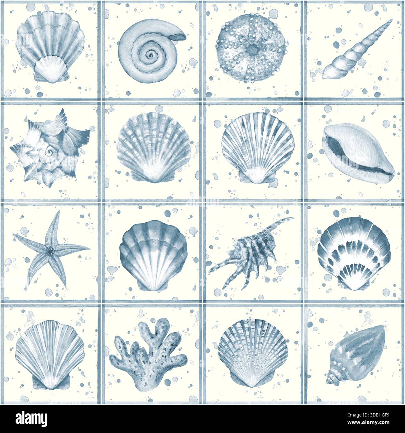 Motivo senza cuciture piastrelle delft tradizionali con guscio marino acquerello. Conchiglie blu navy disegnate a mano, strisce, schizzi sullo sfondo. Acquerello marino illustre Foto Stock
