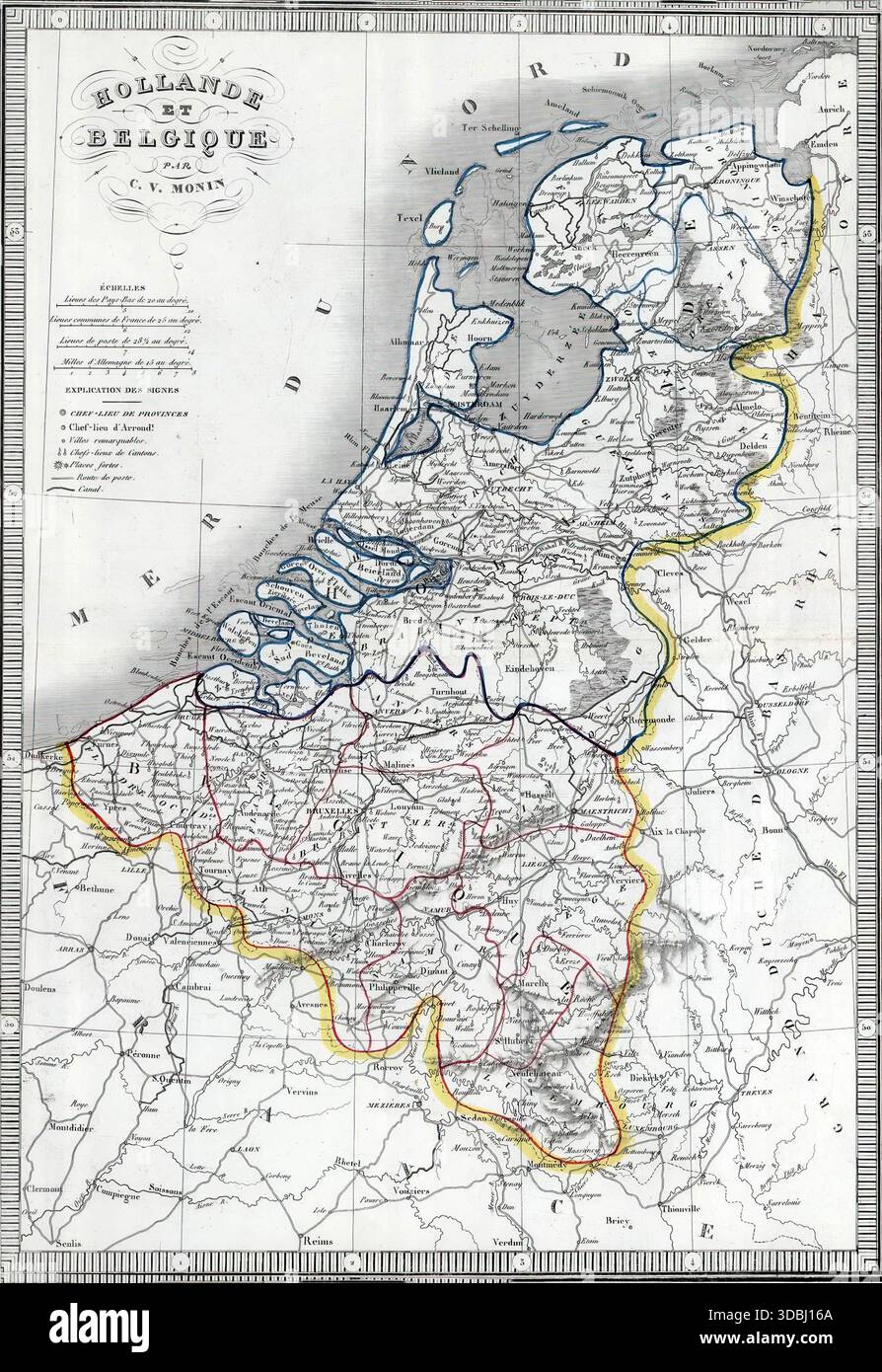 Rappresentazione cartografica d'epoca raffigurante Paesi Bassi e Belgio, rivelando intricati paesaggi e divisioni amministrative del periodo storico Foto Stock