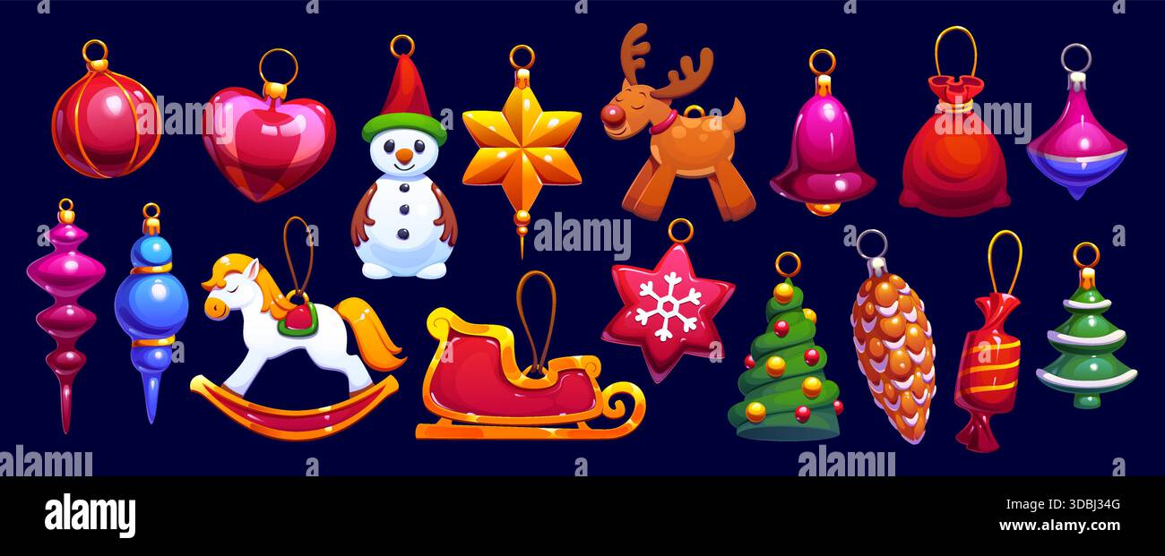 Giocattoli, decorazioni e palle per l'albero di Natale a cartoni animati Illustrazione Vettoriale