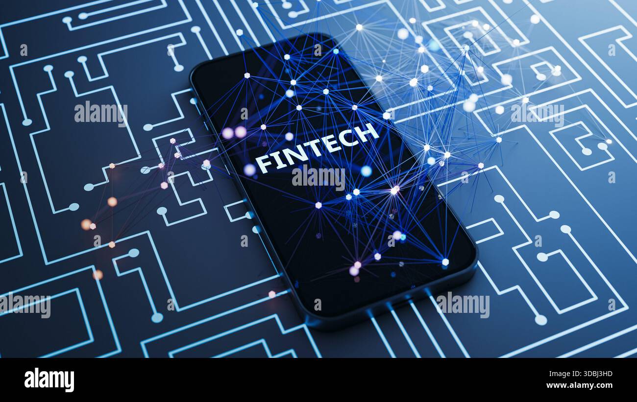 Tecnologia di connessione di rete digitale per smartphone Fintech. rendering 3d. Foto Stock