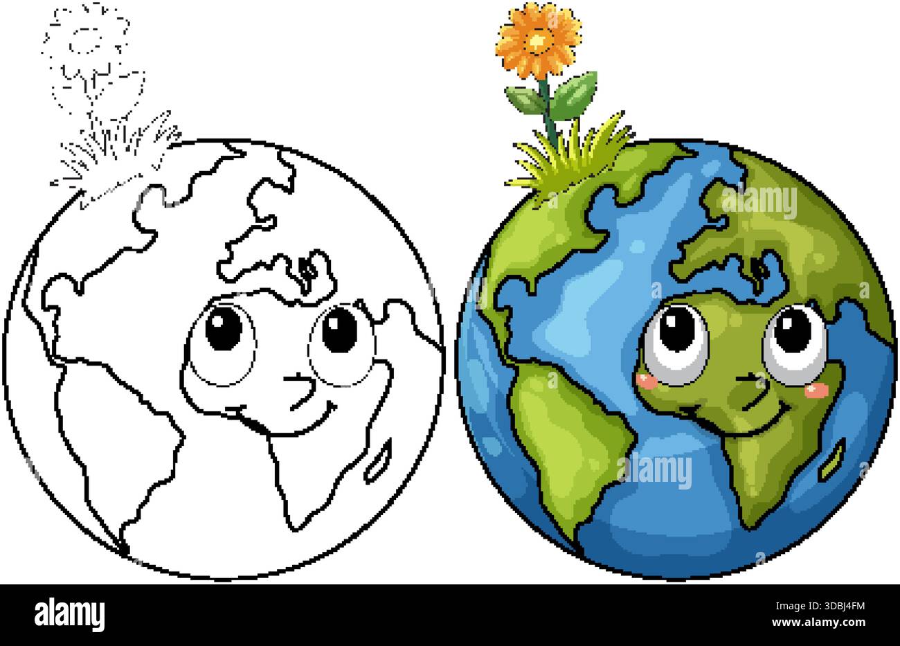 Personaggio cartoni animati Terra sorridente con versioni floreali, colorate e sagomate, luminoso stile vettoriale piatto Illustrazione Vettoriale